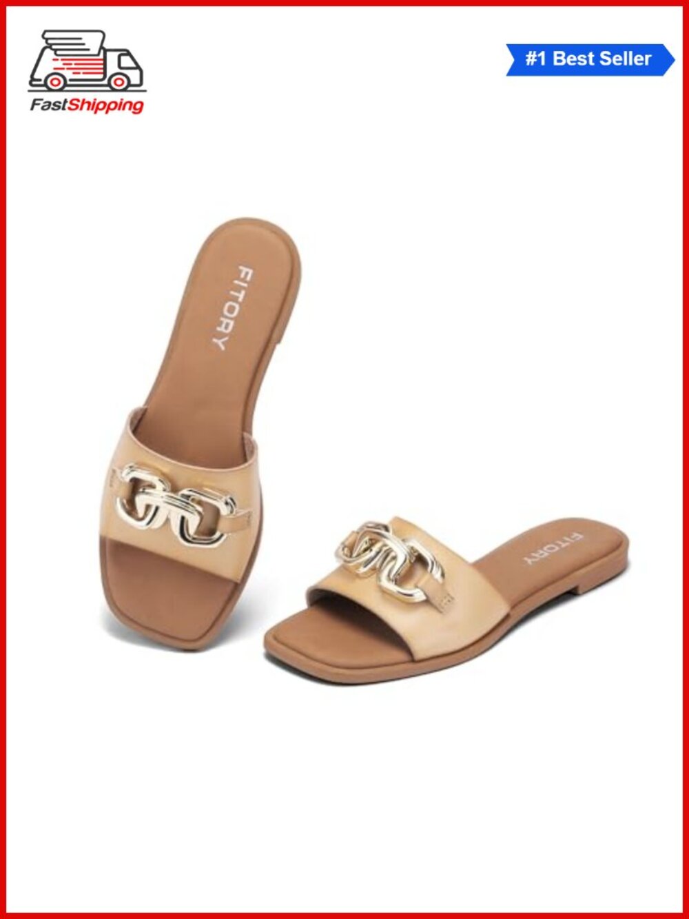 ✨FITORY Women's Gold Buckle Slide Sandals Open Toe Faux Leather Summer